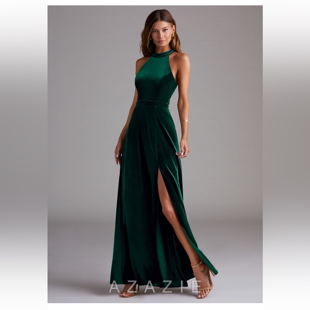 Azazie Emerald Green Velvet Halter bridesmaids Dress